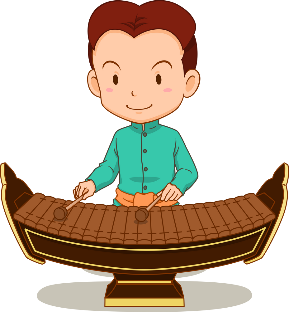 Cartoon boy playing Ranad. Thai musical instrument.