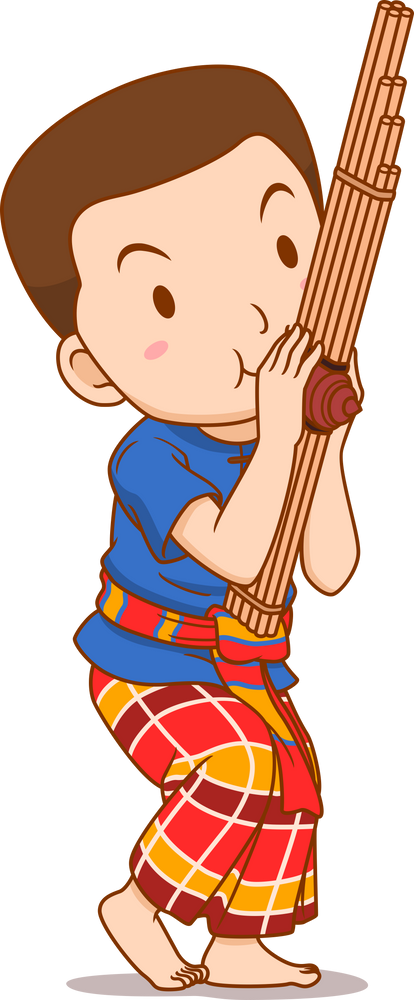 Cartoon character of boy playing Khaen instrument.