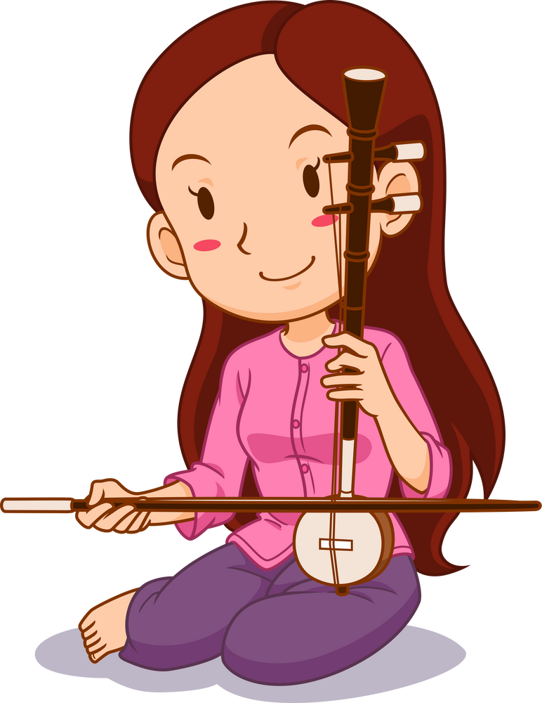 Cartoon girl playing Saw-U. Thai bowed string instrument.
