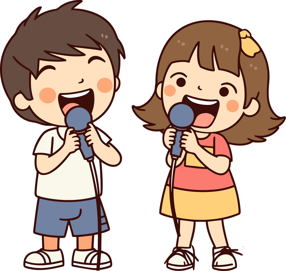 Happy Boy And Girl Singing With Microphone